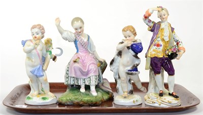 Lot 138 - Two Meissen figures from the four seasons (one head repaired); a Meissen figure of a gentleman...