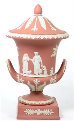 Lot 161 - Wedgwood Jasperware terracotta bisque twin handled pedestal vase and cover