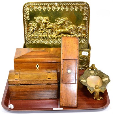 Lot 168 - An embossed brass wall pocket, two tea caddies, a triangular shaped games box and a mother of pearl