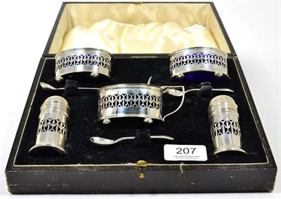 Lot 207 - A silver five piece condiment set with spoons, in a fitted case, Barker Brothers, Birmingham...