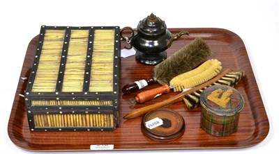 Lot 216 - Miscellaneous items including a porcupine quill box, a novelty teapot inkwell, a silver bladed...