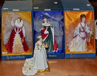 Lot 270 - Three Royal Doulton figures of Queens comprising: Queen Elizabeth II; Queen Elizabeth I; Queen...