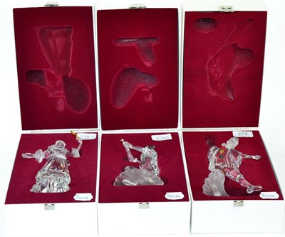 Lot 274 - Three Swarovski crystal figures Harlequin, Pierot and Columbine, with boxes and stands