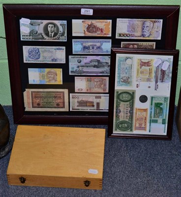 Lot 291 - A group of framed Foreign bank notes together with a quantity of cupro-nickel and bronze UK low...