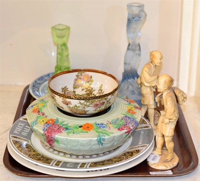 Lot 301 - A pair of Japanese sectional ivory figures, a Japanese satsuma bowl and stand, Carlton ware...