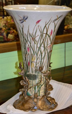 Lot 315 - A large porcelain and metal mounted vase with lily pad and frogs