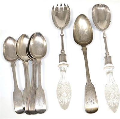 Lot 319 - A matched set of six silver fiddle pattern dessert spoons, George IV /Victorian; an Exeter...