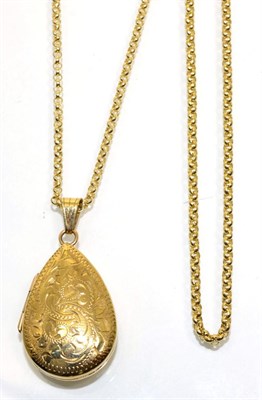 Lot 332 - A 9 carat gold chased locket pendant on a 9 carat gold belcher chain, length 46cm and a 9 carat...