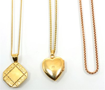 Lot 334 - A 9 carat gold heart shaped locket pendant on chain, a foliate engraved locket pendant on chain and