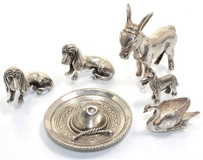 Lot 337 - Silver miniature animals including a donkey, three hounds, a swan and a 925 hat