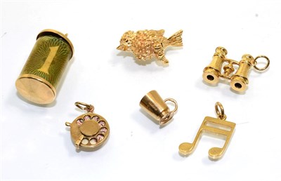 Lot 343 - Six various 9 carat gold charms, including; a bird, a note charm, a pair of binoculars, a telephone