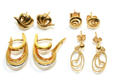 Lot 351 - Four pairs of 9 carat gold earrings, comprising a pair of two colour gold hoop earrings, drop...