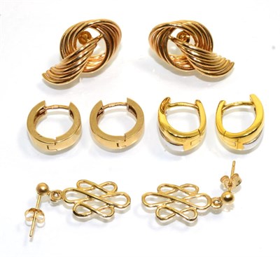 Lot 352 - Four pairs of 9 carat gold earrings, comprising a pair of two colour gold hoop earrings,...