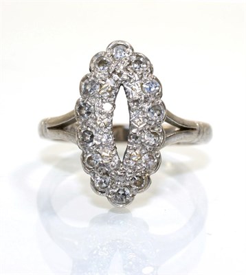 Lot 365 - A diamond navette ring, a pierced plaque pavé set with eight-cut diamonds, total estimated diamond