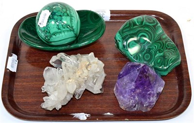 Lot 386 - A malachite oval bowl; ball; and polished specimen; together with a quartz and an amethyst specimen