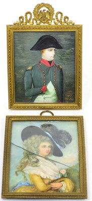 Lot 387 - An 18th century style portrait miniature of a lady; and a portrait of gentleman, later adapted...