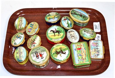 Lot 397 - A group of fifteen Halcyon Days enamel boxes, including two limited edition horse racing...