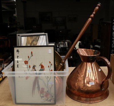 Lot 1005 - A large 19th century copper jug; together with a 19th century bed warmer; a brass embossed tray; H.