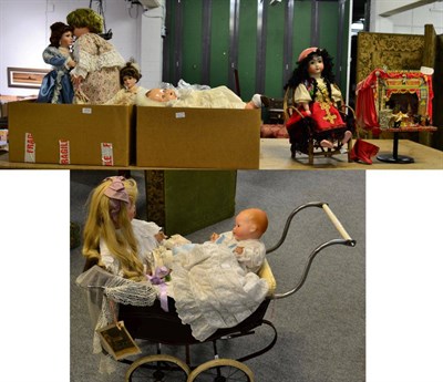 Lot 1010 - Sillars Leeds dolls pram, miniature stage set on tripod base, gypsy style doll seated on a...