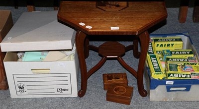 Lot 1020 - A box of linen; a box of fairy soap; a table; and two boxes inlaid with a ship off St Helena