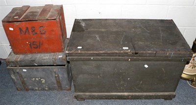 Lot 1042 - A large joiners chest and two smaller crates