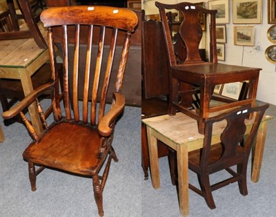 Lot 1046 - A Victorian pine table; a 19th century kitchen armchair and a pair of elm chairs