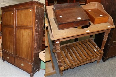 Lot 1047 - A large mahogany double wardrobe; a pine washstand; a luggage rack; and two boxes; together...