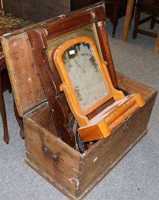 Lot 1049 - A pine blanket box; an over-mantel mirror; a toilet mirror; and two wall mirrors (5)