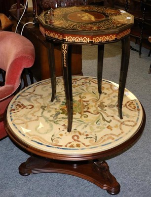 Lot 1061 - Reproduction inlaid musical table; together with a reproduction circular pedestal coffee table with