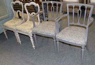 Lot 1071 - A pair of Victorian chairs, later painted; together with a further pair of 19th century chairs,...