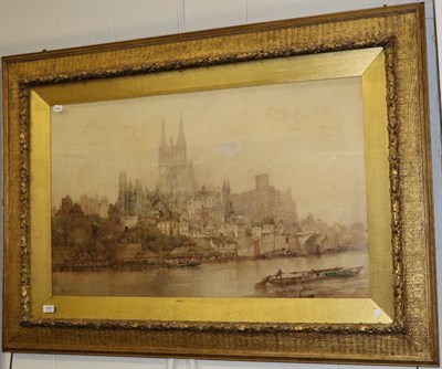 Lot 1083 - Paul Marny (1829-1914) A large Continental river landscape with a cathedral, watercolour,...