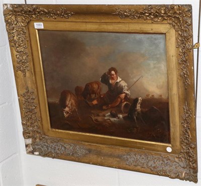 Lot 1093 - Manner of Nicholas Berchem, A shepherd at rest with his flock and a dog, oil on canvas, 41cm by...