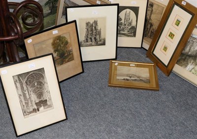 Lot 1094 - Four etchings; three Italian watercolours framed as one; and two watercolours (7)