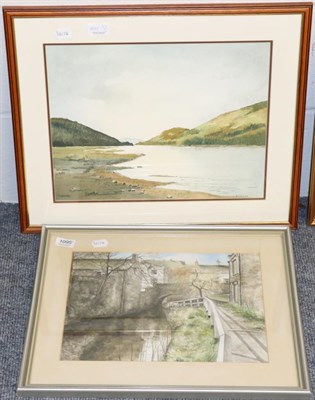 Lot 1095 - 20th Century School, 'Thirlmere', watercolour, signed R Walker; together with a village river...