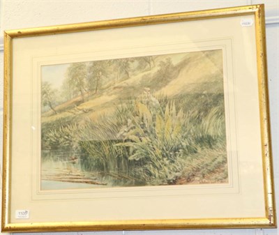 Lot 1105 - H H Lines (19th century) Lakeside scene with a bird alighting on the water, watercolour, signed and