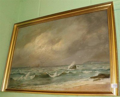 Lot 1122 - Horace Hale Stanton (fl.1879 - 1907) Shipping off a rocky coastline, signed, oil on canvas