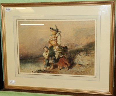 Lot 1133 - English School (19th century) A mother and her children looking out to sea, watercolour signed with