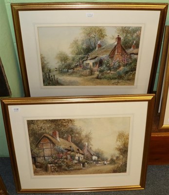 Lot 1136 - J Hughes Clayton, Figures before a country cottage, signed watercolour along with a further work by