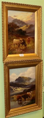 Lot 1144 - Charles W Oswald (19th century) Cattle grazing in the Scottish Highlands, together with, Cattle...