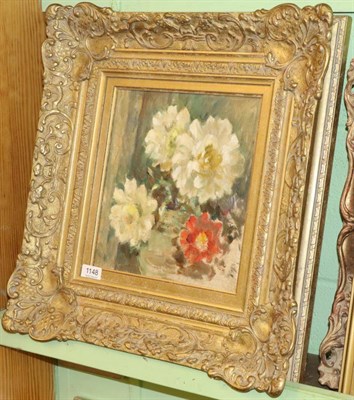 Lot 1148 - Owen Bowen (1873 - 1967) ";Flowers";, oil on canvas board, label verso ";An original painting...