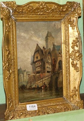 Lot 1164 - Circle of Henry Schaefer (19th century) Continental town river landscape, oil on panel, signed with