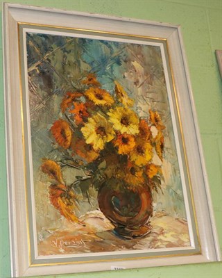 Lot 1168 - Valter Berzins (1925 - 2009), Still life with yellow flowers in orange vase, signed, oil on board