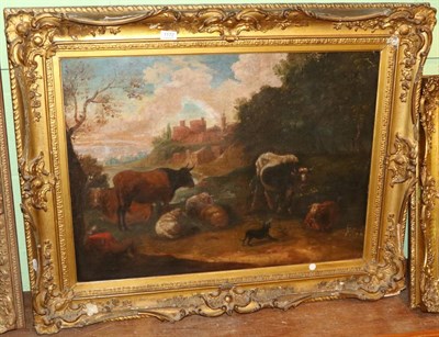 Lot 1172 - Follower of Nicholas Berchem (Dutch, 1620-1683) Pastoral landscape with cattle and sheep, a...