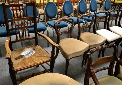 Lot 1234 - Pair of 19th century rosewood balloon back chairs, together with a rush seated oak and elm...