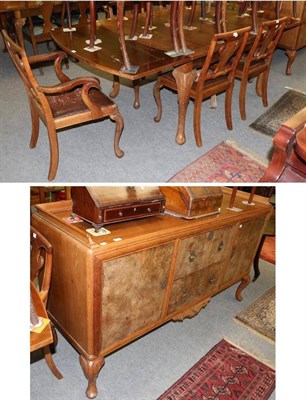 Lot 1255 - A dining room suite comprising a dining table, six chairs and a sideboard, stamped Wylie and...