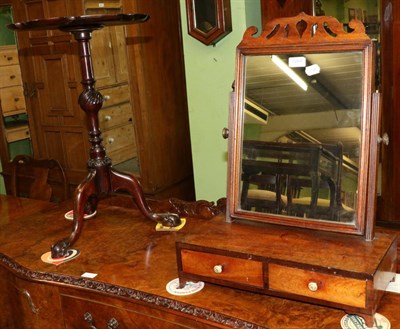 Lot 1264 - Reproduction tripod table, together with an oak toilet mirror