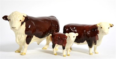 Lot 132 - Beswick Cattle Comprising: Polled Hereford Bull (with ringed nose), model No. 2549A, Hereford...