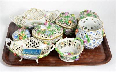 Lot 145 - Tray of modern Dresden floral encrusted boxes and baskets (8)
