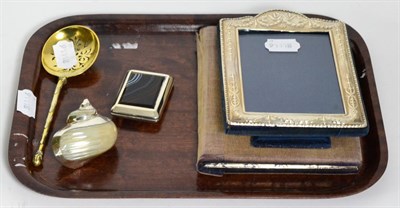 Lot 160 - Two silver photograph frames, a sifter spoon, shell ornament and agate inset box