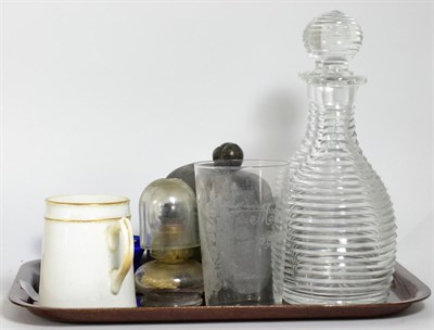 Lot 166 - Pair of 19th century ribbed decanters; a Georgian pewter tea caddy; Victorian mug ";Present...